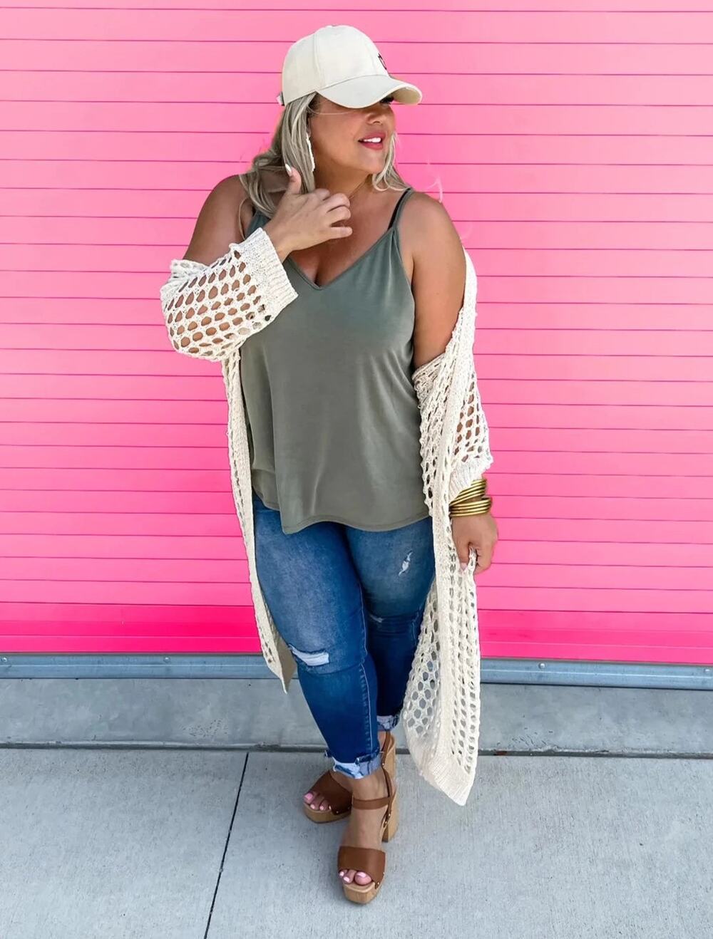 OS PLUS 1X, 2X, 3X - Blakeley It's All That Ivory Cream Open Knit Long Cardigan